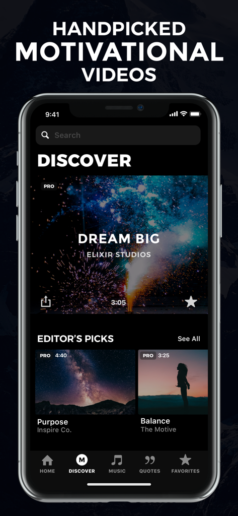 Motivate: Daily Motivation - Interfaccia dell'app Motivate che mostra la scheda Scopri con categorie di video motivazionali selezionati e le scelte dell'editore.