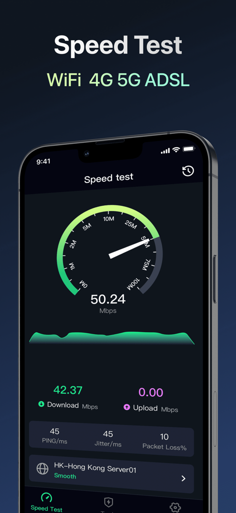 Mobile app interface of Speed Test showing network download speed ping and jitter metrics