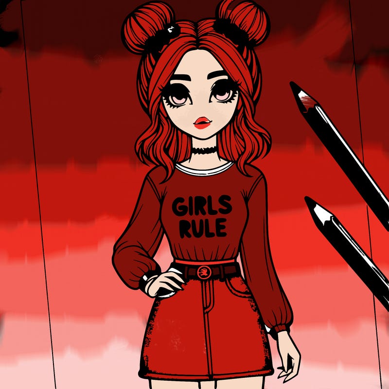 a realistic girl with space buns jean skirt and a shirt that say girls rule and gell nails