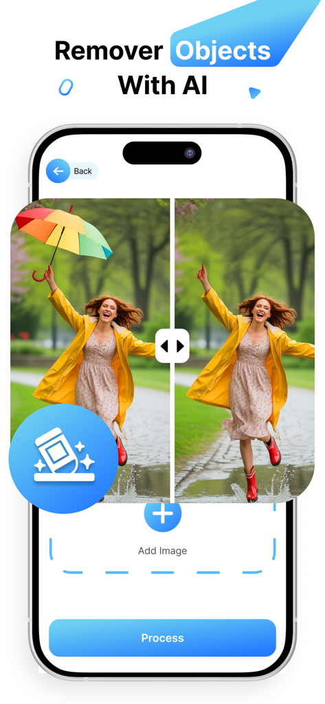 Demonstração de antes e depois da ferramenta de remoção de objetos com IA removendo um guarda-chuva de uma foto.