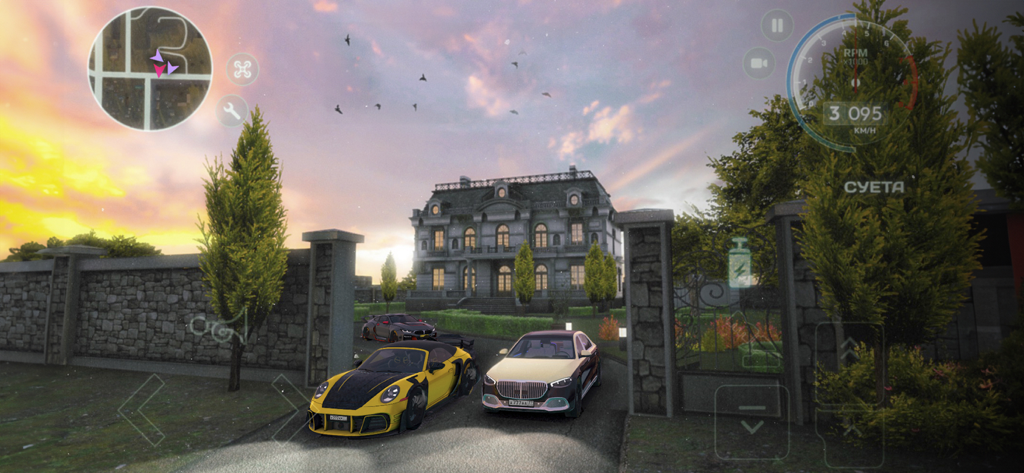 Two high end customized cars parked in front of a large mansion at sunset in Traffic Racer Russian Village