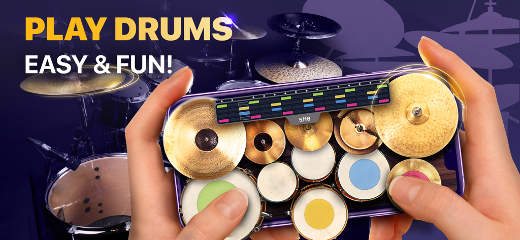 Go Drums: lessons & drum games - Hands holding a smartphone playing a virtual drum kit rhythm game