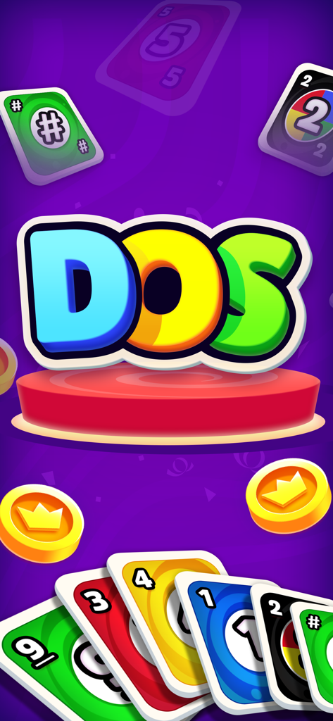 Dos: Fun Family Card Game - Vibrant DOS logo with colorful playing cards and reward coins on a purple background