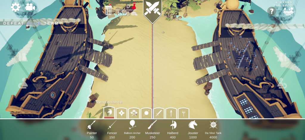 Red and blue pirate ships facing off on a beach in TABS Pocket Edition