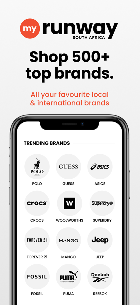 MyRunway SA Fashion Shopping - MyRunway SA app screen showing trending fashion brands like Polo and Guess