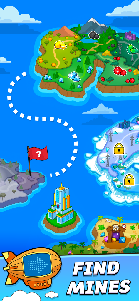 Mining Empire: Get Idle Gold - Mapa del mundo del juego Mining Empire que muestra varias islas y depósitos de recursos