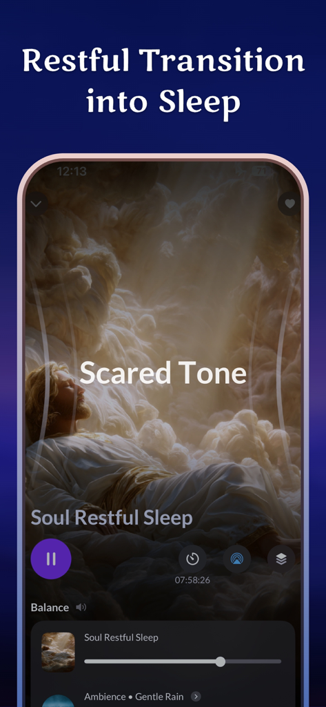 Healing Frequency Sleep Sounds - Healingo app player interface featuring a Soul Restful Sleep session with ethereal cloud imagery.