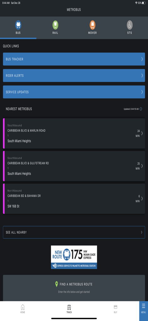 Screenshot of the GO Miami-Dade Transit app showing the Metrobus tracker with real-time arrival information and service updates