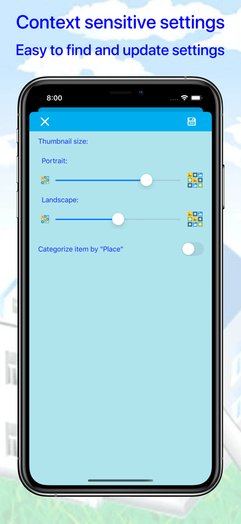 A screenshot of the context sensitive settings screen in the Where is my stuff app showing sliders to adjust thumbnail sizes