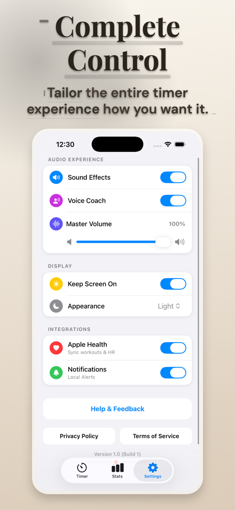 Interval Timer: Tabata Timer - Pantalla de configuración de la aplicación Interval Timer mostrando opciones de personalización para audio, visualización y la integración con Apple Health.
