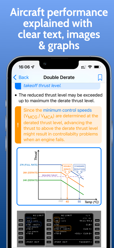 B737 Performance Handbook app screen explaining double derate with technical text and thrust graphs