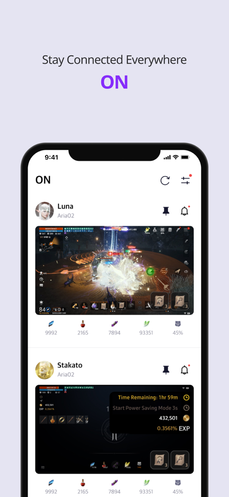 PURPLEアプリの画面。クランメンバーのライブゲームプレイストリームとキャラクターリソース状況を表示しています。