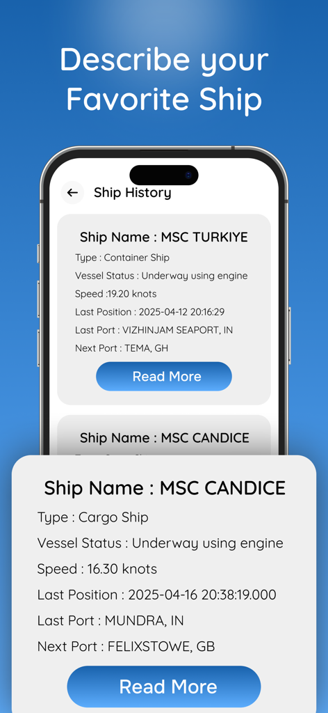 Live Ship Tracker: AIS Radar - Interfaz de la aplicación móvil que muestra información detallada de seguimiento AIS para buques de carga, incluyendo velocidad e historial de puertos