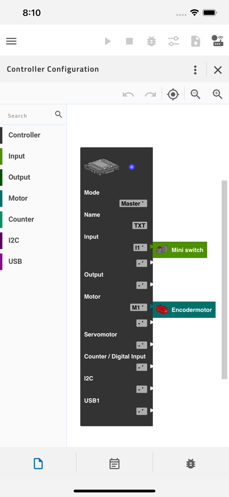 ROBO Pro Coding - Interface for configuring inputs and motors on a fischertechnik TXT 4.0 controller