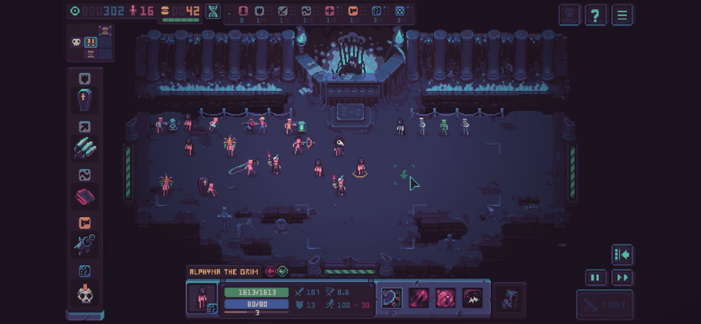 Despot's Game - Gameplay en pixel art de Despot's Game montrant une armée de petits personnages et une interface tactique dans un décor de donjon sombre.