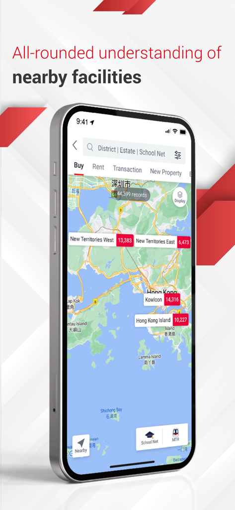 Centaline Property app interface showing a real estate map of Hong Kong with property listings by district and nearby facilities.