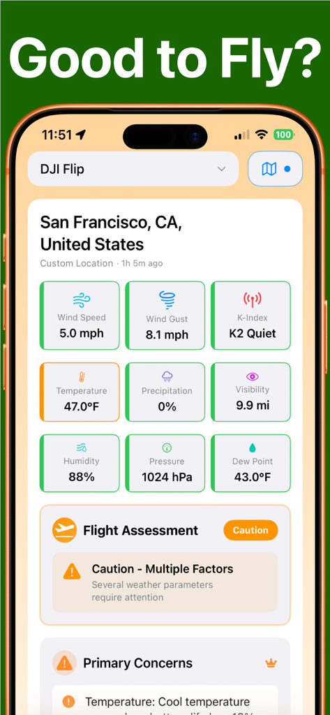 Weather 4 Fly Drone & NOTAM - Weather 4 Fly app dashboard displaying real-time weather metrics and flight safety evaluation for drone pilots
