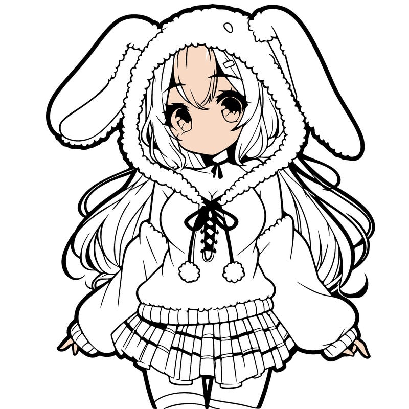 pretty anime girl wearing a fluffy hoodie with bunny ears on the hood and a skirt