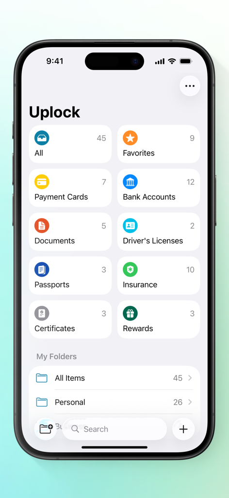 Uplock - Uplock mobile app dashboard displaying categories for payment cards, documents, passports, and insurance on an iPhone screen.
