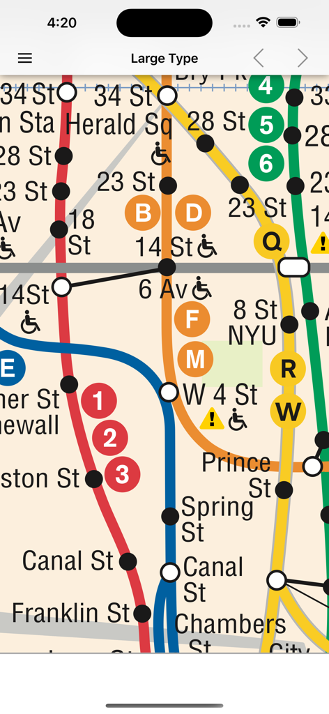 NYC Metro Map + - Vergrößerte Ansicht der New Yorker U-Bahn-Karte in Großdruck, die Bahnhöfe und Linien zeigt