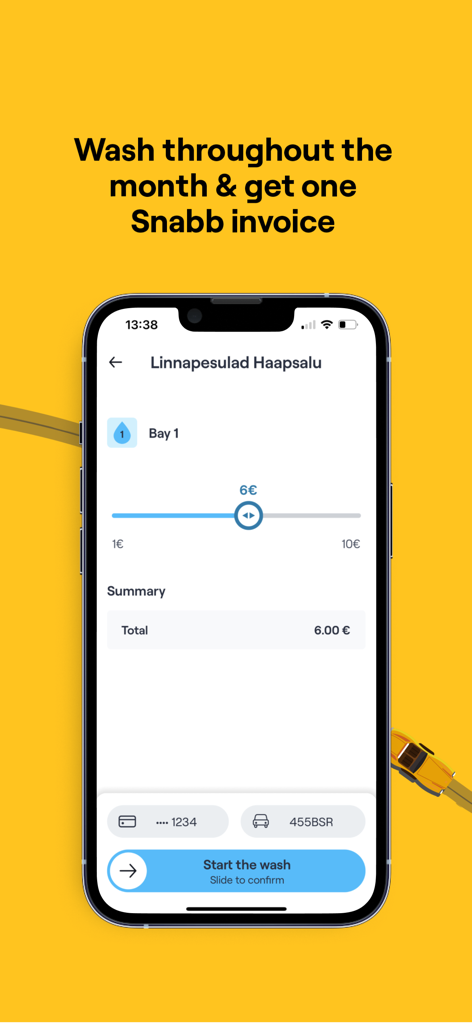 Snabb app screen showing a car wash bay selection and payment slider to start a wash.