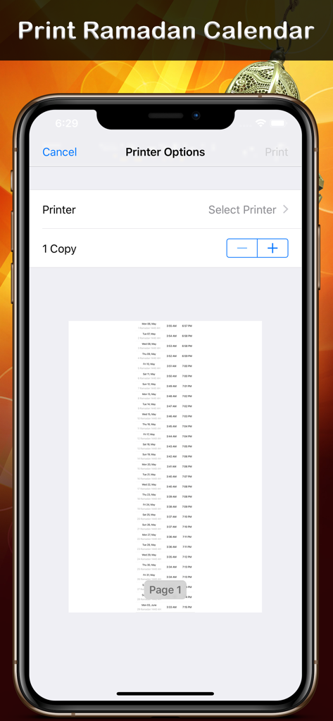 Mobile app screen showing the printer options and preview for a monthly Ramadan fasting and prayer schedule.