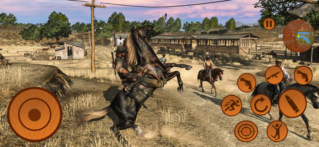 Cowboy Cleaner Sim Horse Game - Personaje vaquero sobre un caballo encabritado en un escenario de rancho del oeste con interfaz de juego móvil