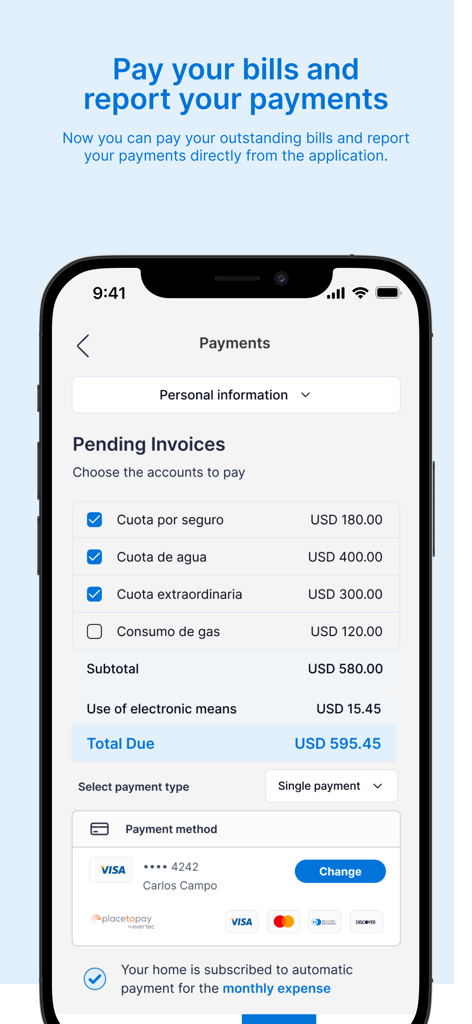 Habitanto - Resident - Habitanto Resident mobile app interface showing a list of pending condo invoices and credit card payment options