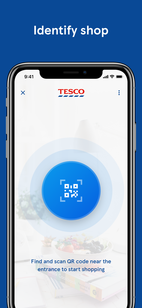 Scan&Shop mobile - Tesco Scan and Shop app interface showing the identify shop screen with a QR code scanner button