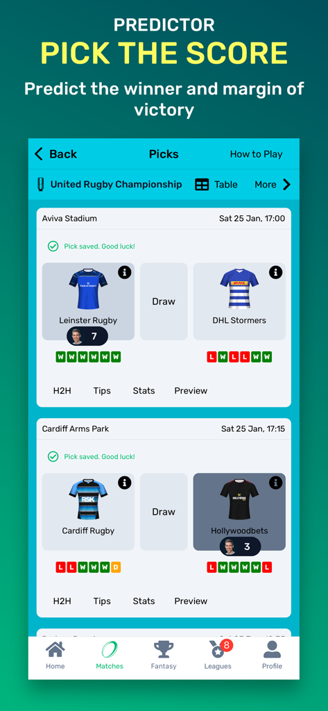 Superbru Rugby app interface for predicting match winners and scores