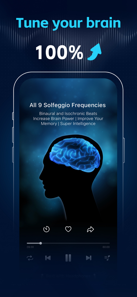 Binaural Beats: Sleep & Focus - Interfaz de una aplicación móvil para Binaural Beats con un cerebro brillante y opciones de Frecuencias Solfeggio para aumentar el poder cerebral.