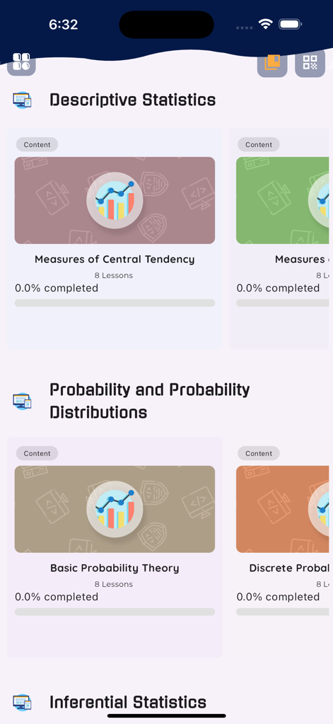 Learn Statistics [PRO] - Menú principal de cursos de la aplicación Learn Statistics PRO mostrando secciones de Estadística Descriptiva y Probabilidad