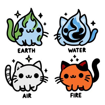 4 cats that represent the different elements, earth, water, air, and fire