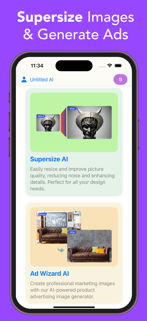 Luw AI - AI Home Design - Luw AI app interface showing Supersize AI and Ad Wizard AI features for interior design and marketing