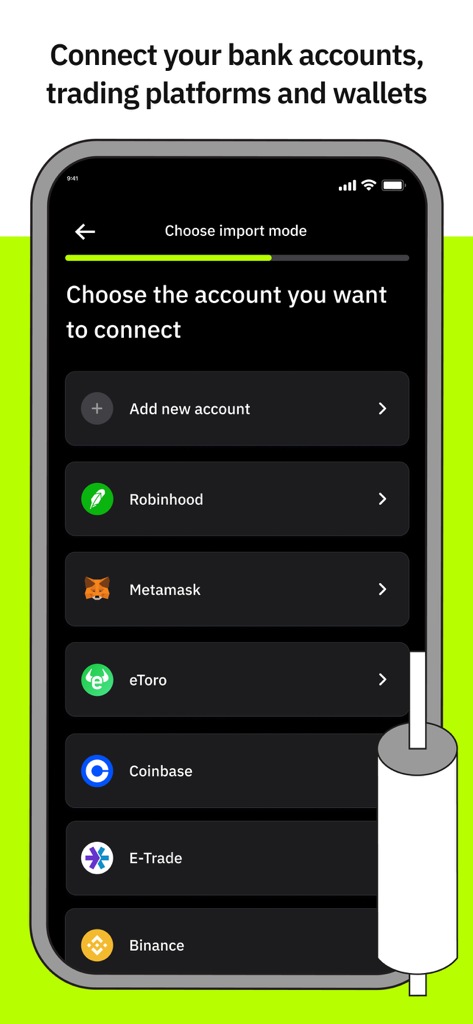 Merlin Investor - Mobile app screen showing options to connect bank accounts trading platforms and crypto wallets