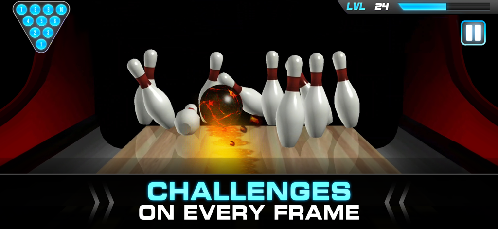 PBA® Bowling Challenge - A glowing fiery bowling ball hitting pins in PBA Bowling Challenge mobile game.
