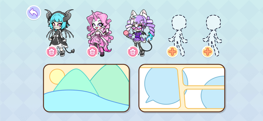 Angela World beauty salon - Interface for selecting dolls and comic layouts to create stories in Angela World