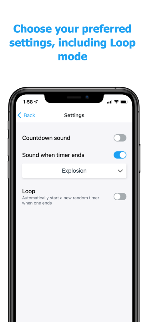 Pantalla de configuración de la aplicación Generador de Temporizador Aleatorio mostrando opciones de sonido de cuenta regresiva y el interruptor del modo de bucle.