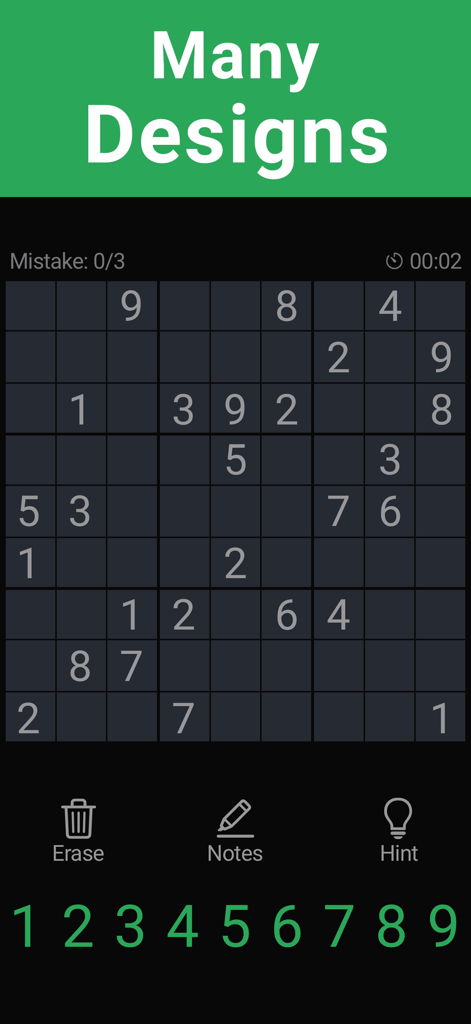 Interfaz de juego de Sudoku clásico con tema de modo oscuro y números verdes.