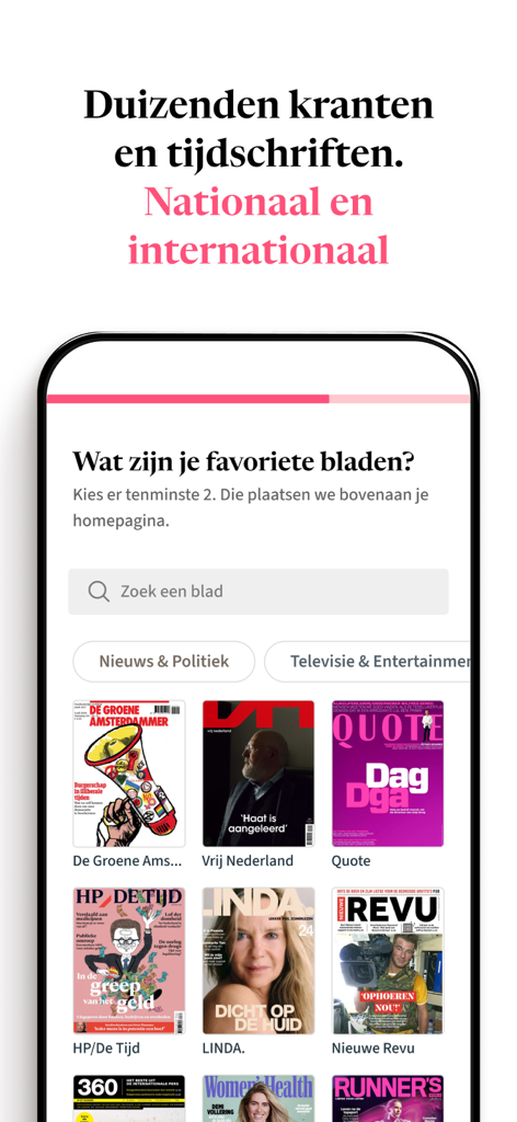 Blendle - Mobile app interface for Blendle showing a selection of magazine covers for personalization.