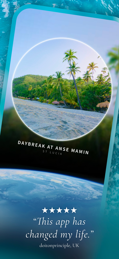 A circular portal showing a tropical beach in St Lucia with a five star user review for the Portal app