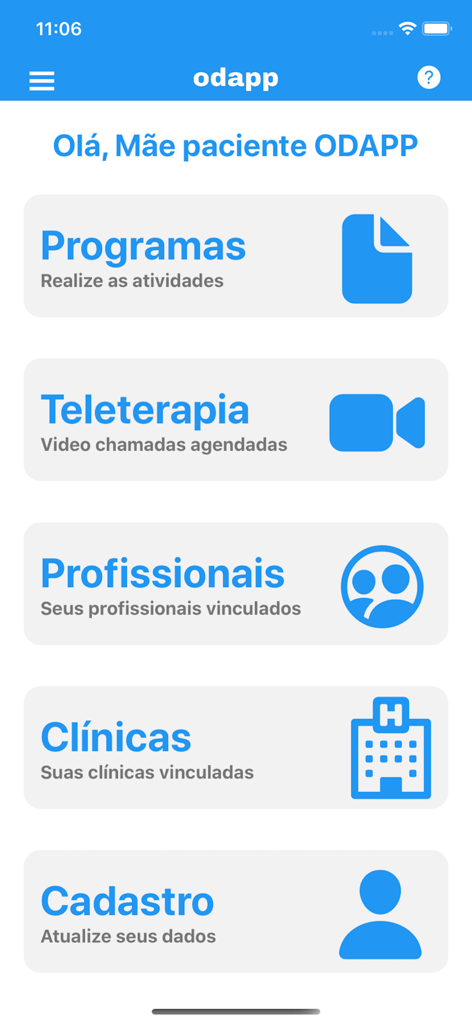 Odapp - Odapp app main menu for parents featuring sections for therapy programs teletherapy professional contacts and clinic management
