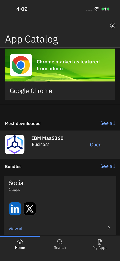 IBM MaaS360 App Catalog - Home screen of IBM MaaS360 App Catalog showing featured business apps and social bundles.