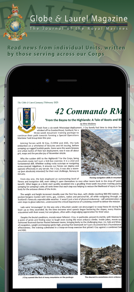 The Globe & Laurel - The Globe and Laurel Royal Marines magazine app displaying an article about 42 Commando on a smartphone.