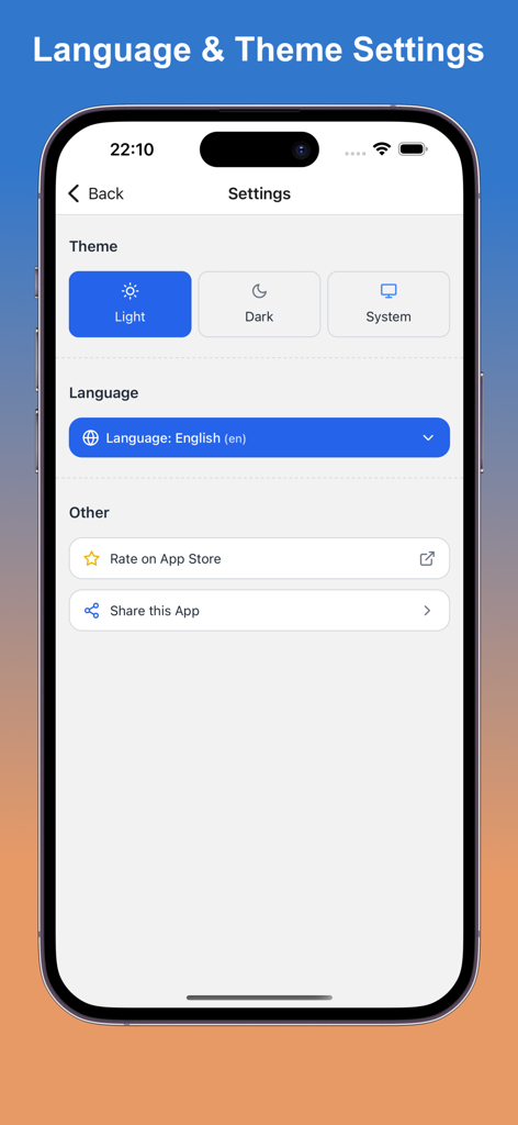 Página de configuración de la aplicación AI Age Detector que muestra la selección de tema y las opciones de idioma
