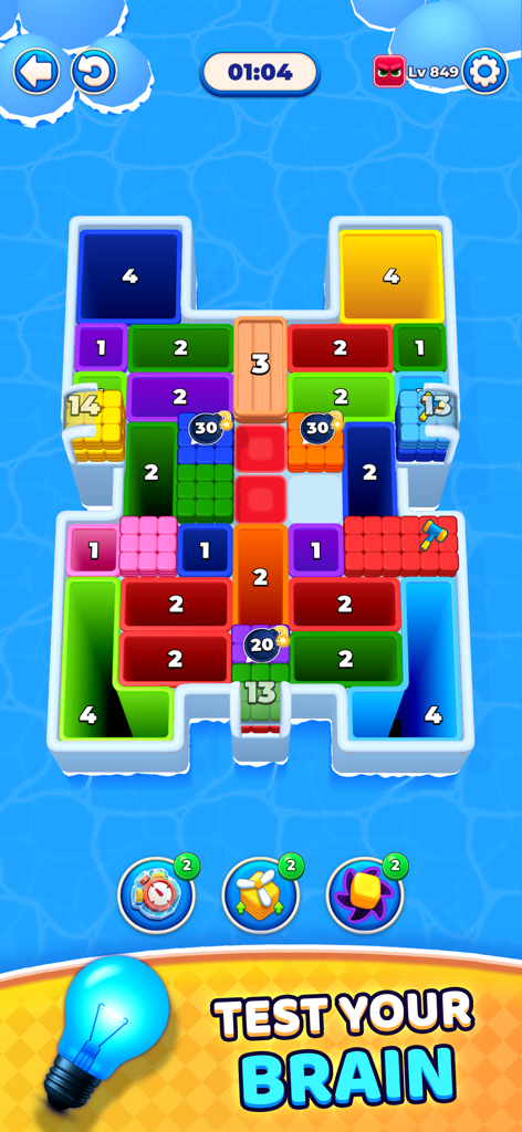 Hole Drop Puzzle - A colorful level in the Hole Drop Puzzle app featuring numbered blocks and holes on a water themed background.