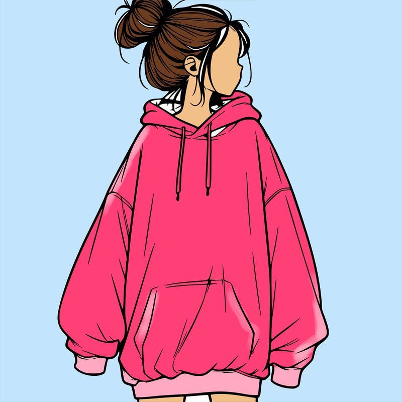 realistic girl with a oversized sweatshirt on and a bun