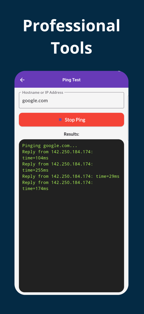 Wifi Password Automatic - Mobile app screen displaying a professional ping test for google.com with latency results in milliseconds.