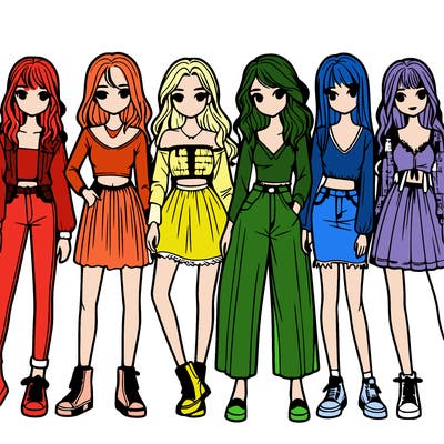 a group of realistic girls standing together in a line