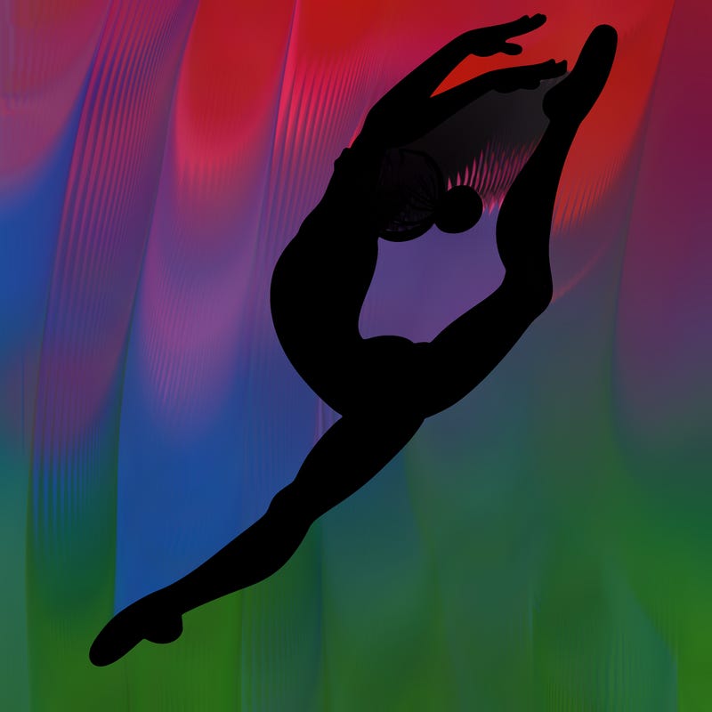 gymnast doing a leap in a leotard with a bent back leg
